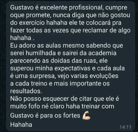Depoimento de aluna sobre o trabalho do personal trainer Gustavo