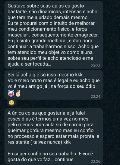 Depoimento de aluna sobre condicionamento, evolução e acompanhamento