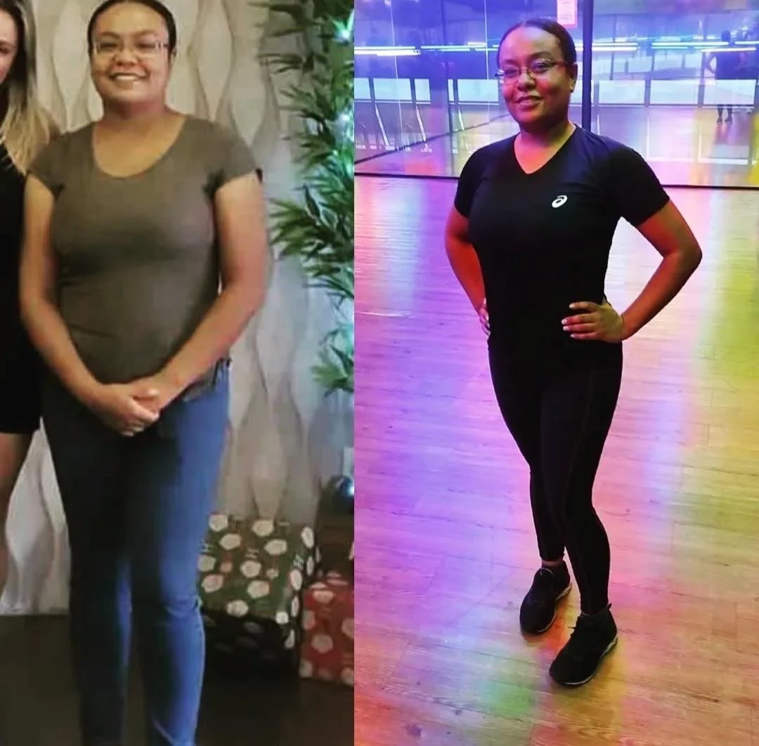 Antes e depois de aluna após seis meses de acompanhamento