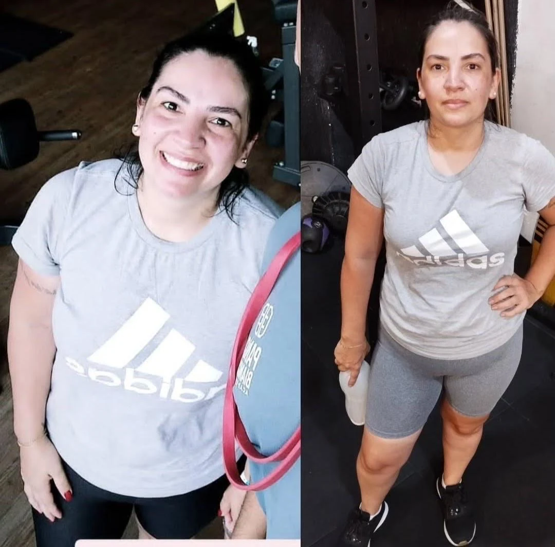 Antes e depois de aluna após seis meses de acompanhamento