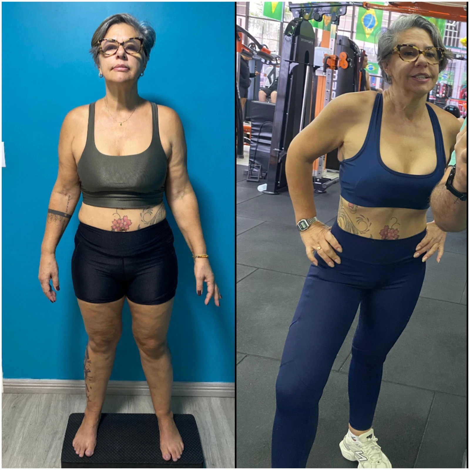 Antes e depois de aluna com redução de peso e ganho de massa muscular